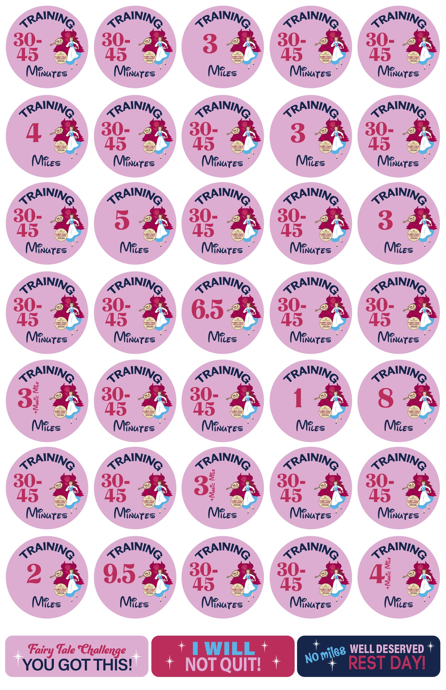 RunDisney Princess Half Marathon Weekend 19.3 Miles Fairy Tale Challenge 19-Week Galloway Training Plan Stickers THEMED 2026