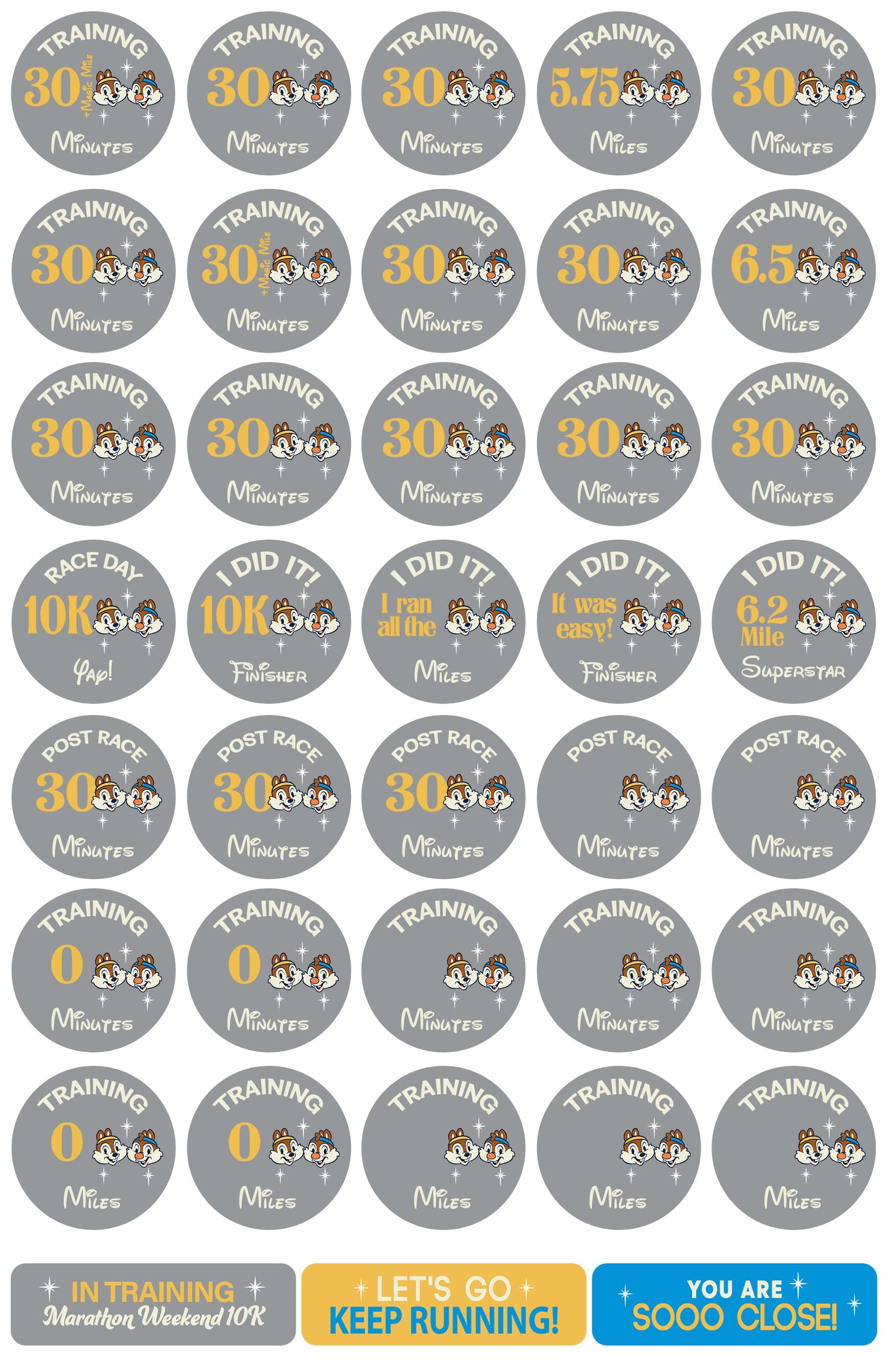 RunDisney Marathon Weekend 10K 6.2 Miles 18-Week Galloway Training Plan Stickers THEMED 2027