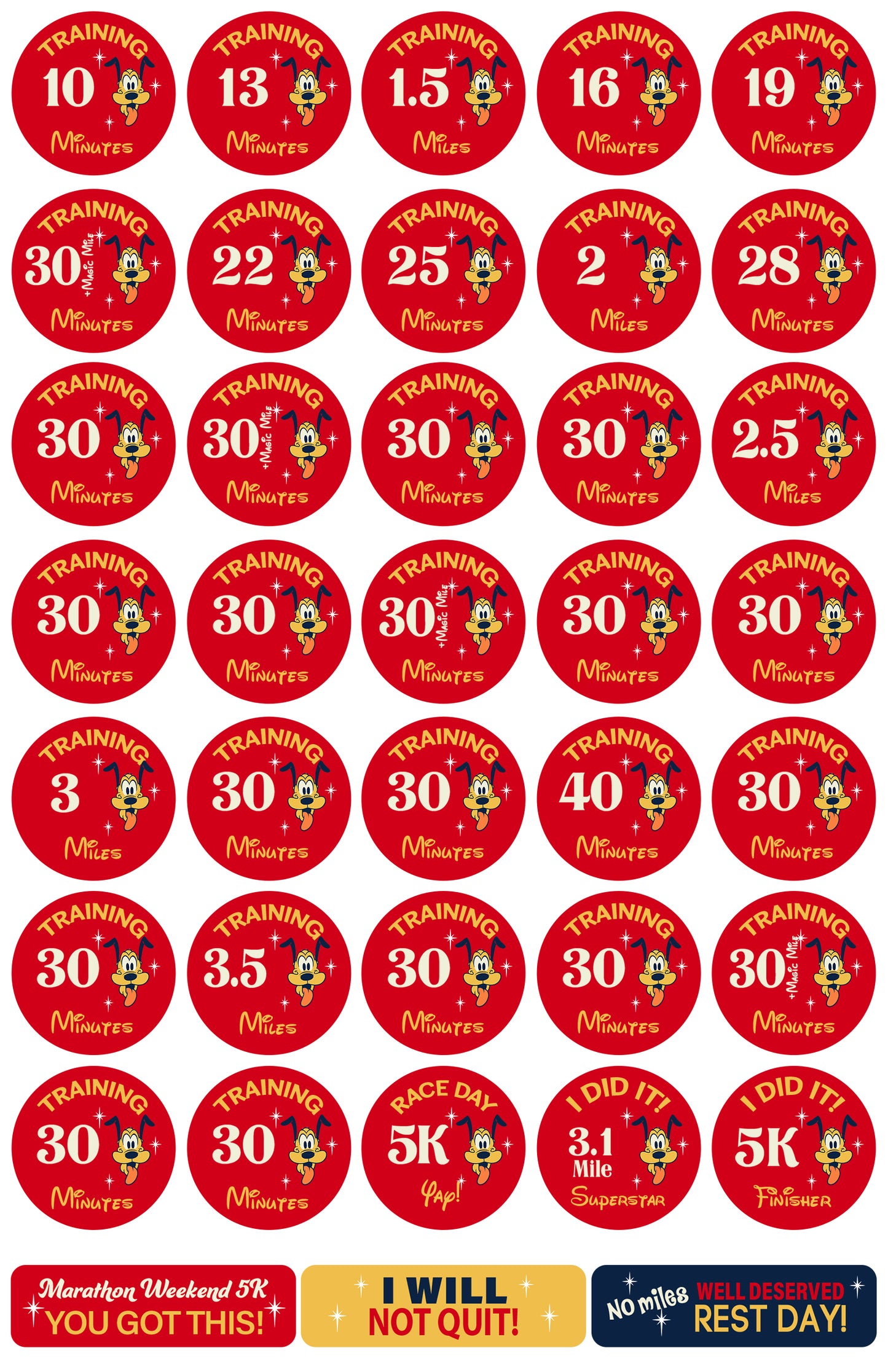 RunDisney Marathon Weekend 5K 3.1 Miles 13-Week Galloway Training Plan Stickers THEMED 2027