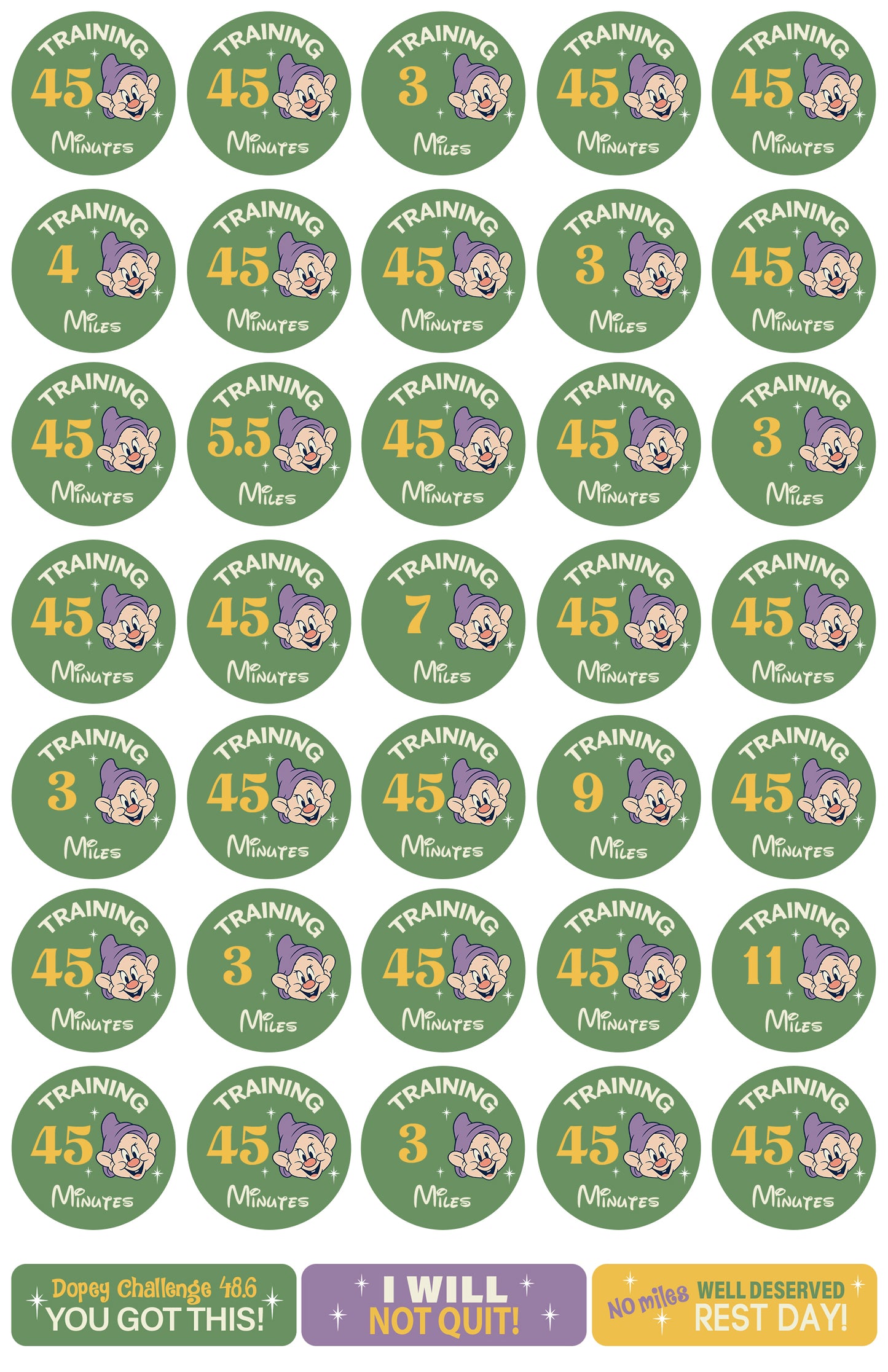 RunDisney Marathon Weekend Dopey Challenge 29-Week Galloway Training Plan Stickers THEMED 2027