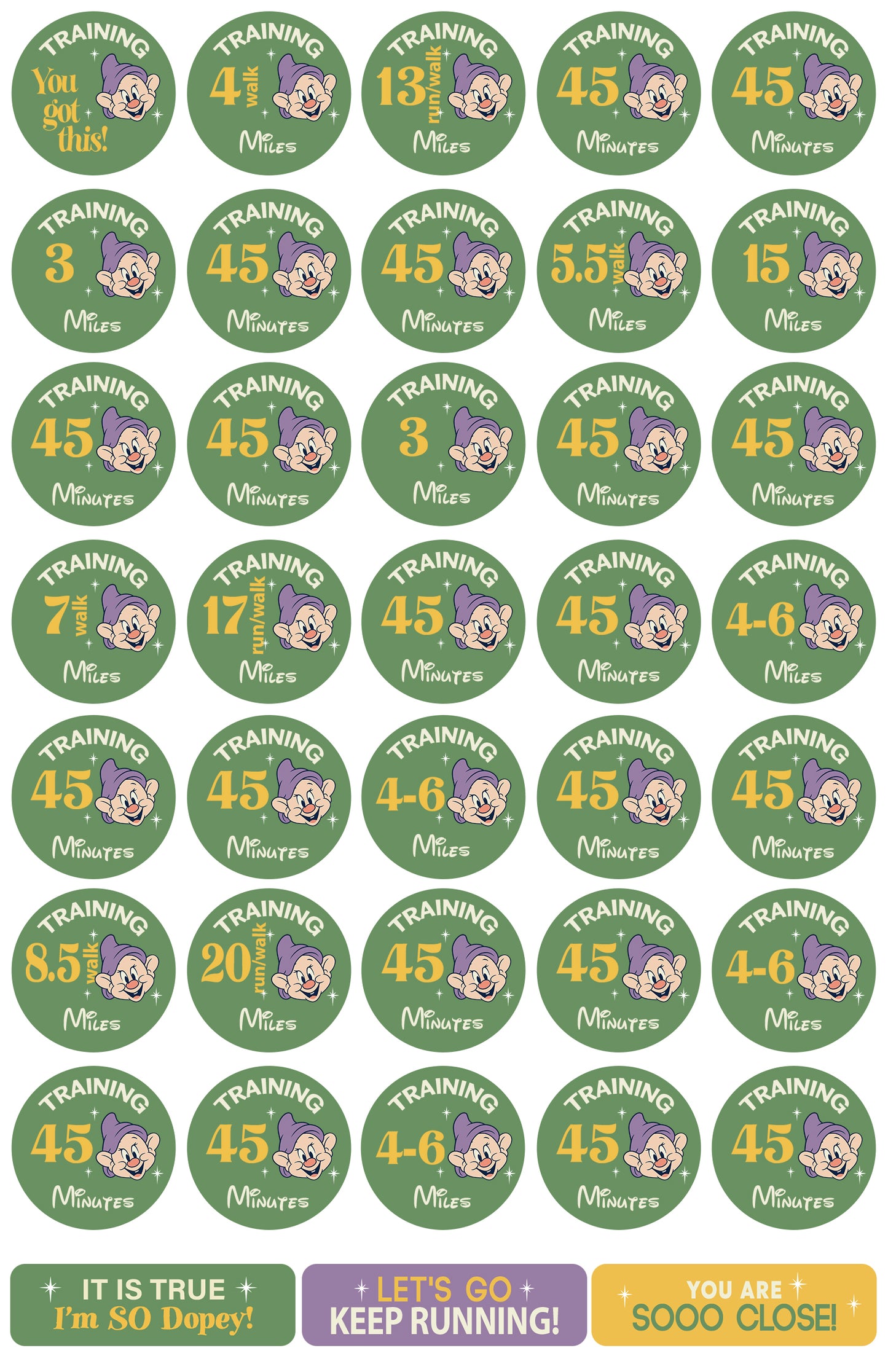 RunDisney Marathon Weekend Dopey Challenge 29-Week Galloway Training Plan Stickers THEMED 2027