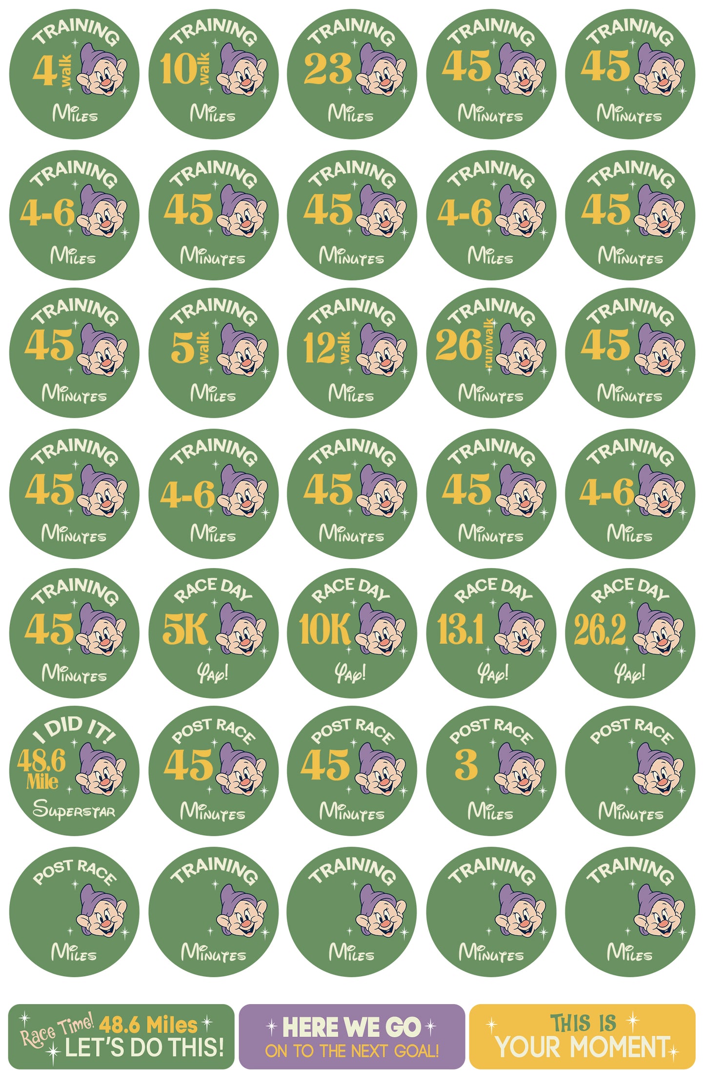 RunDisney Marathon Weekend Dopey Challenge 29-Week Galloway Training Plan Stickers THEMED 2027