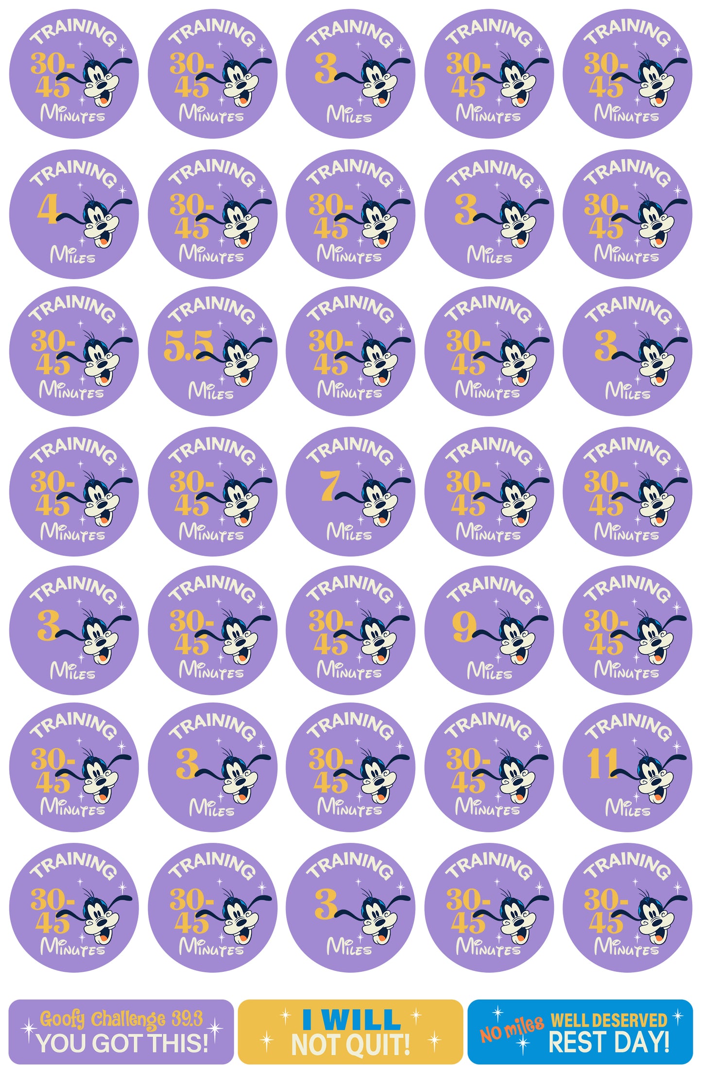 RunDisney Marathon Weekend Goofy Challenge 29-Week Galloway Training Plan Stickers THEMED 2027