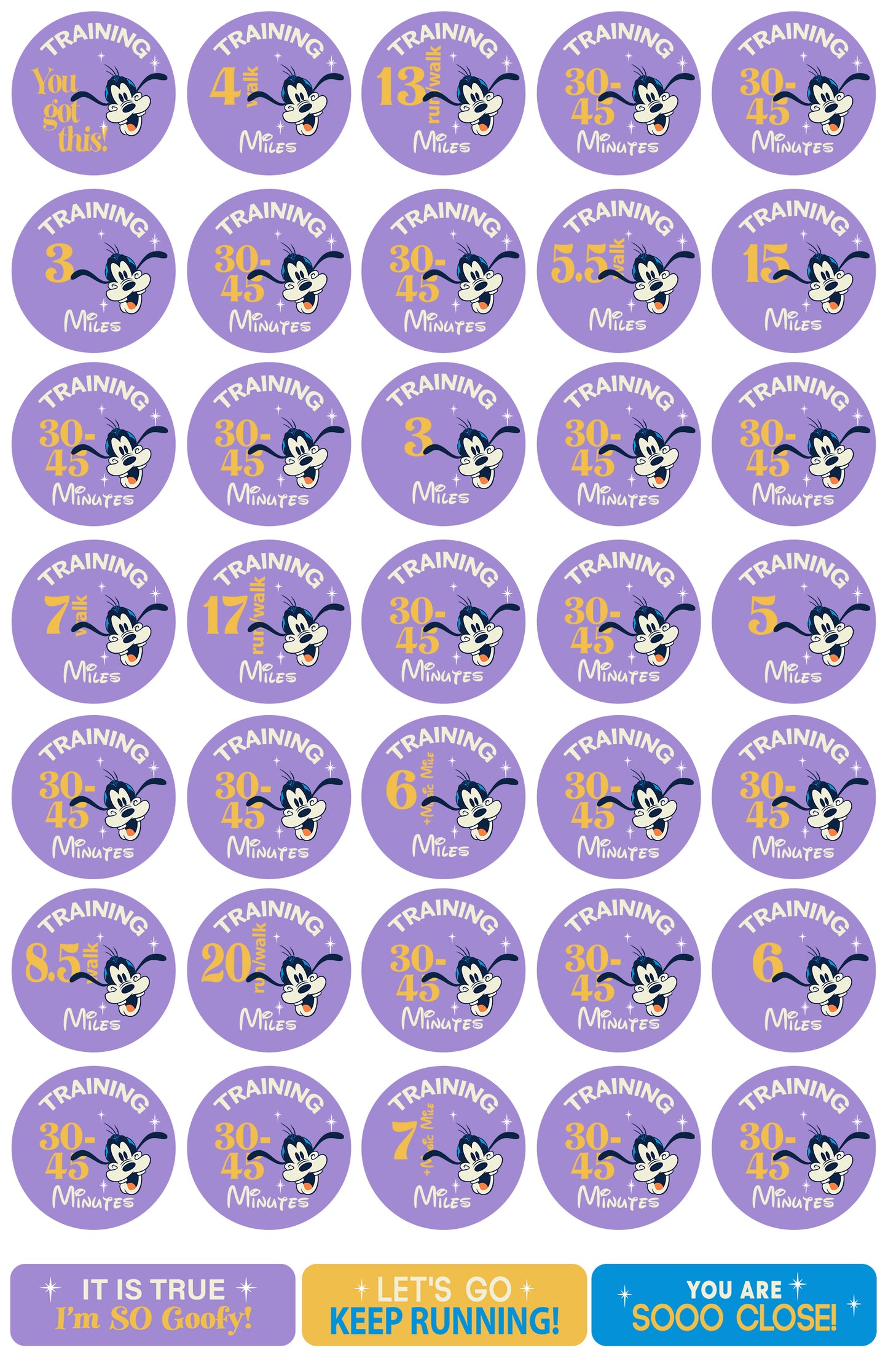 RunDisney Marathon Weekend Goofy Challenge 29-Week Galloway Training Plan Stickers THEMED 2027