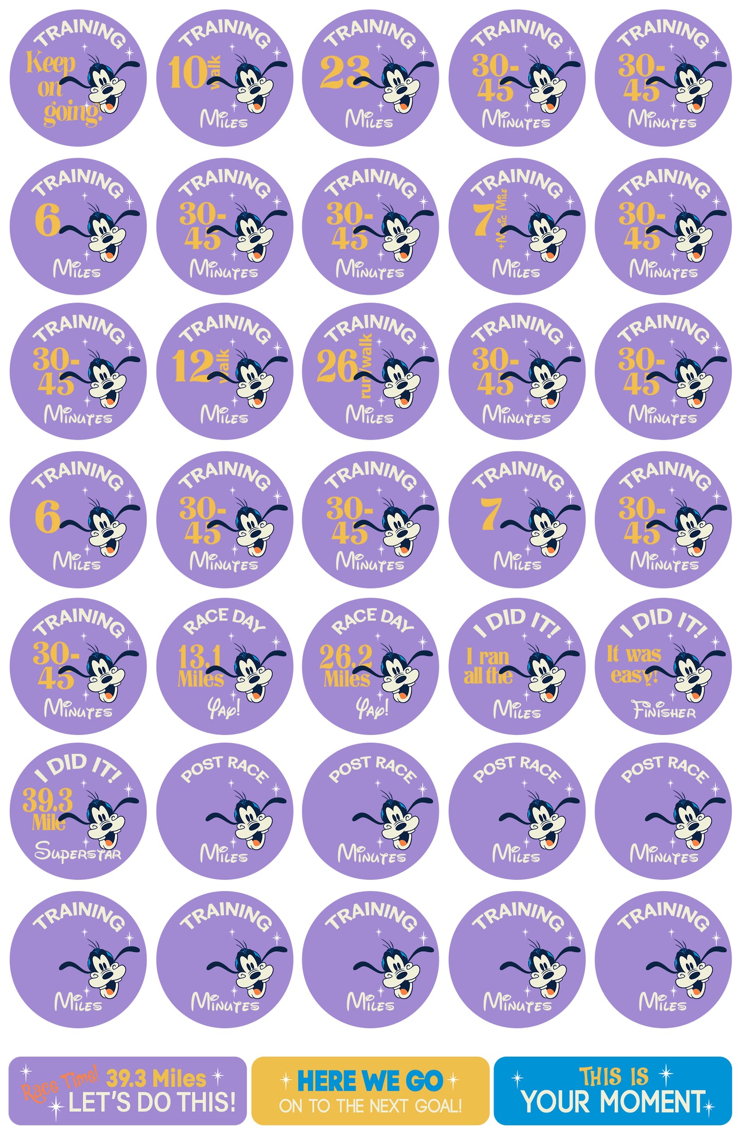RunDisney Marathon Weekend Goofy Challenge 29-Week Galloway Training Plan Stickers THEMED 2027