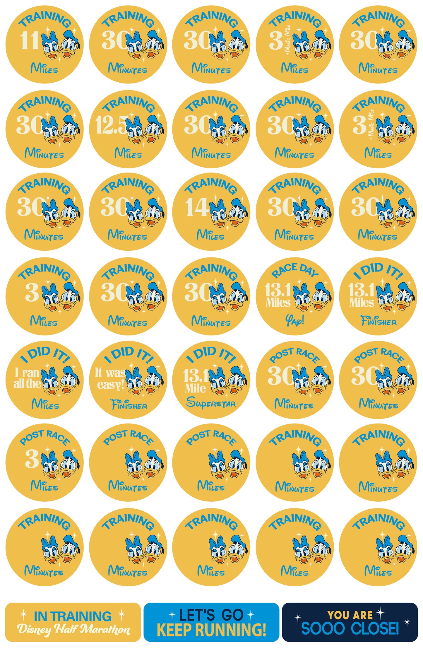 RunDisney Marathon Weekend Half Marathon 13.1 Miles 19 and 22-Week Galloway Training Plan Stickers THEMED 2027