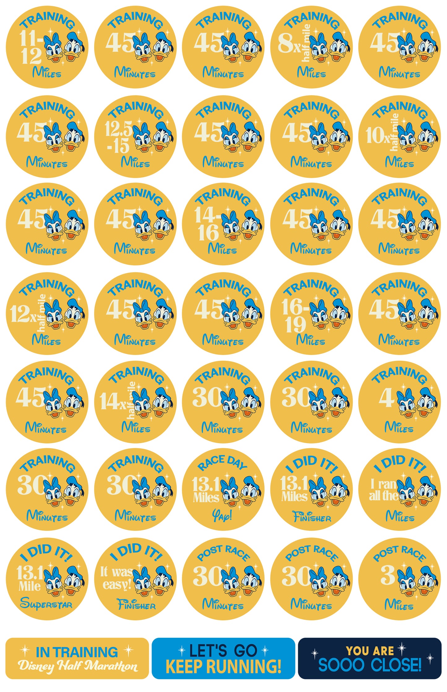 RunDisney Marathon Weekend Half Marathon 13.1 Miles 19 and 22-Week Galloway Training Plan Stickers THEMED 2027