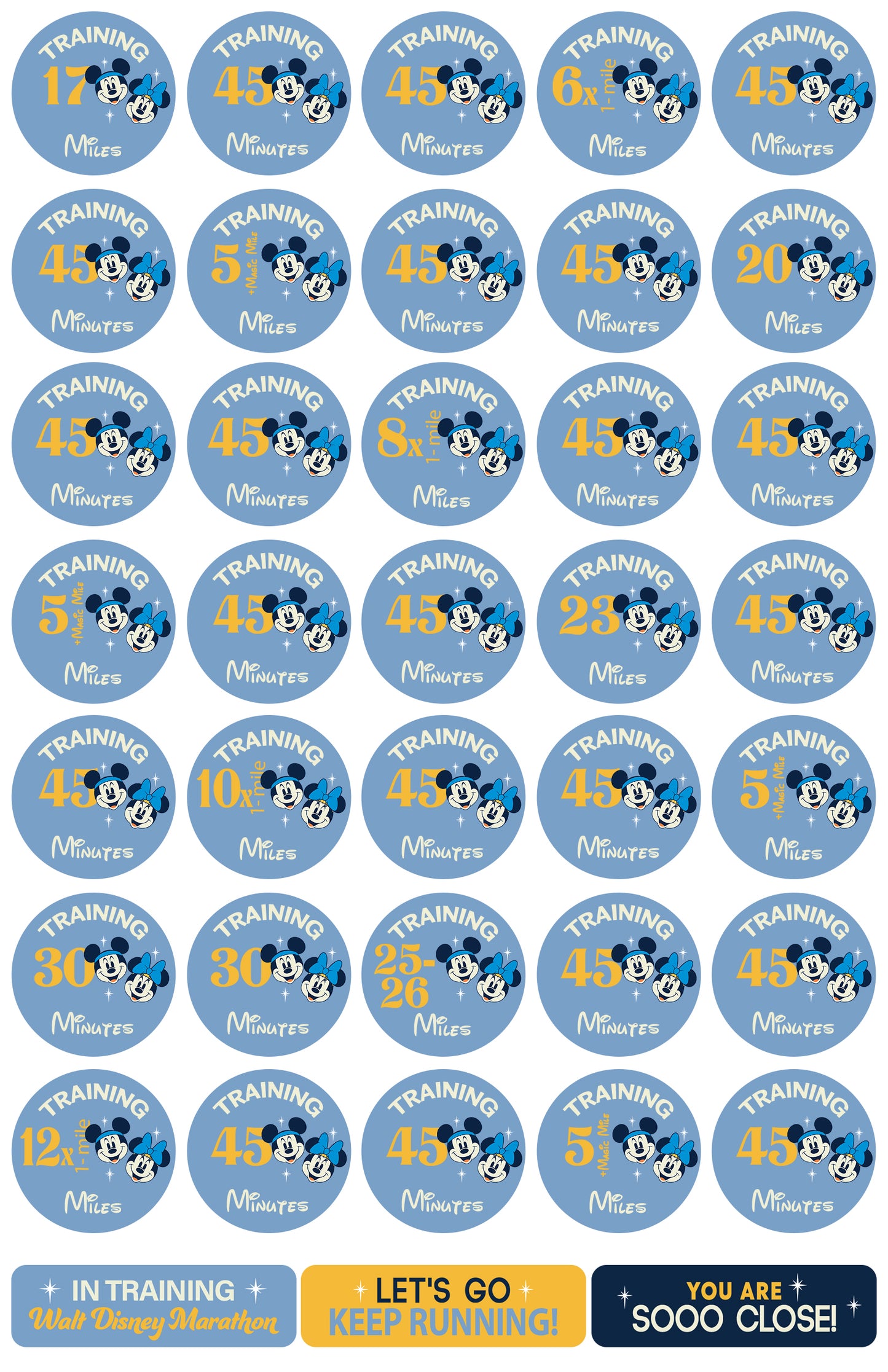 RunDisney Marathon Weekend Marathon 26.2 Miles 29-Week Galloway Training Plan Stickers THEMED 2027