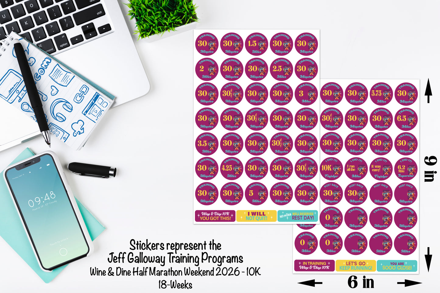 RunDisney Wine & Dine Weekend 2026 10K 18-Week Galloway Training Plan Stickers THEMED