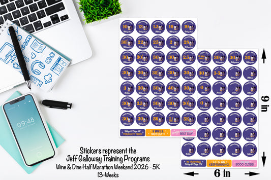 RunDisney Wine & Dine Weekend 2026 5K 13-Week Galloway Training Plan Stickers THEMED