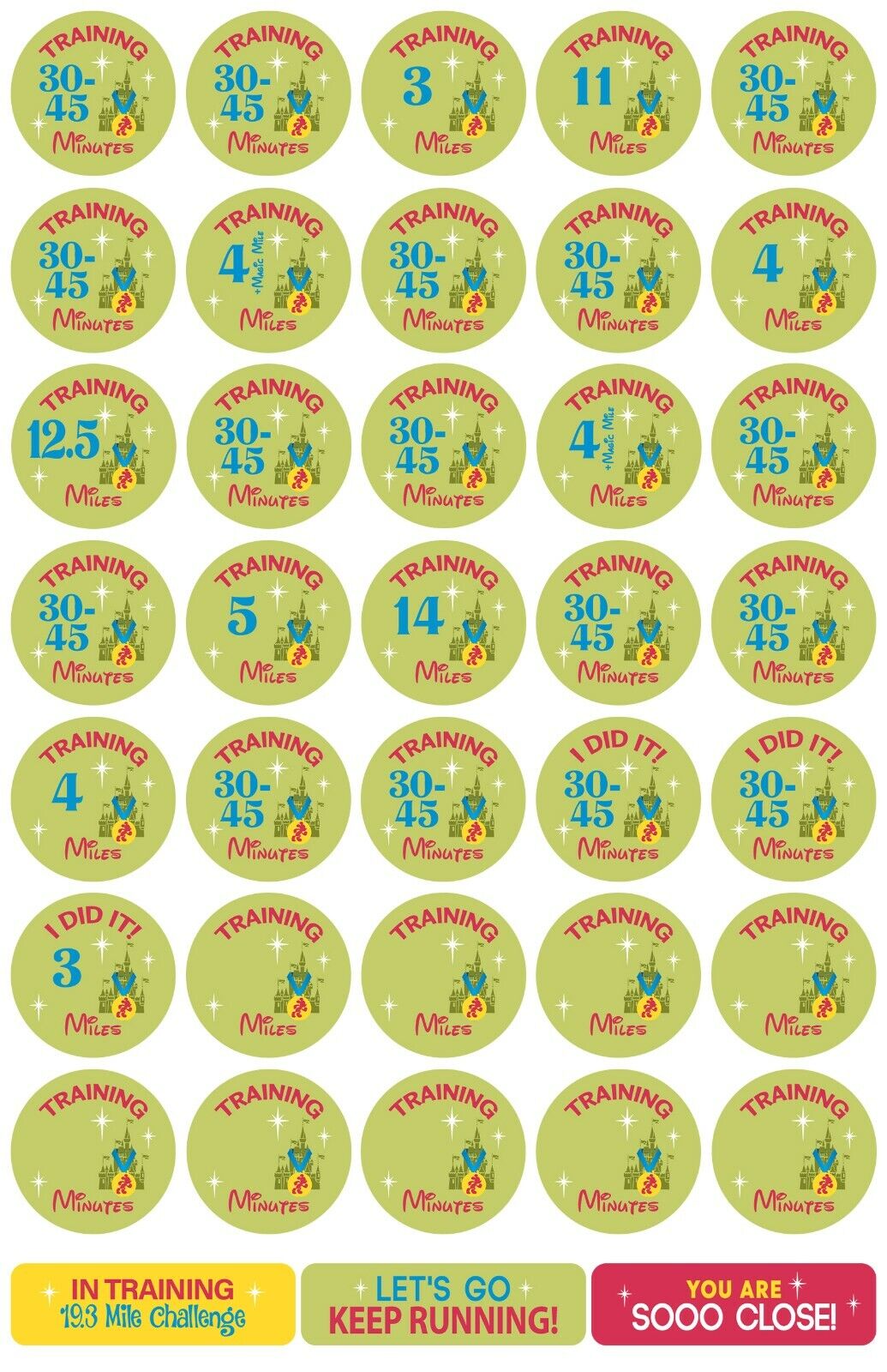 RunDisney Marathon Weekend 19.3 Mile Challenge19-Week Galloway Training Plan Stickers